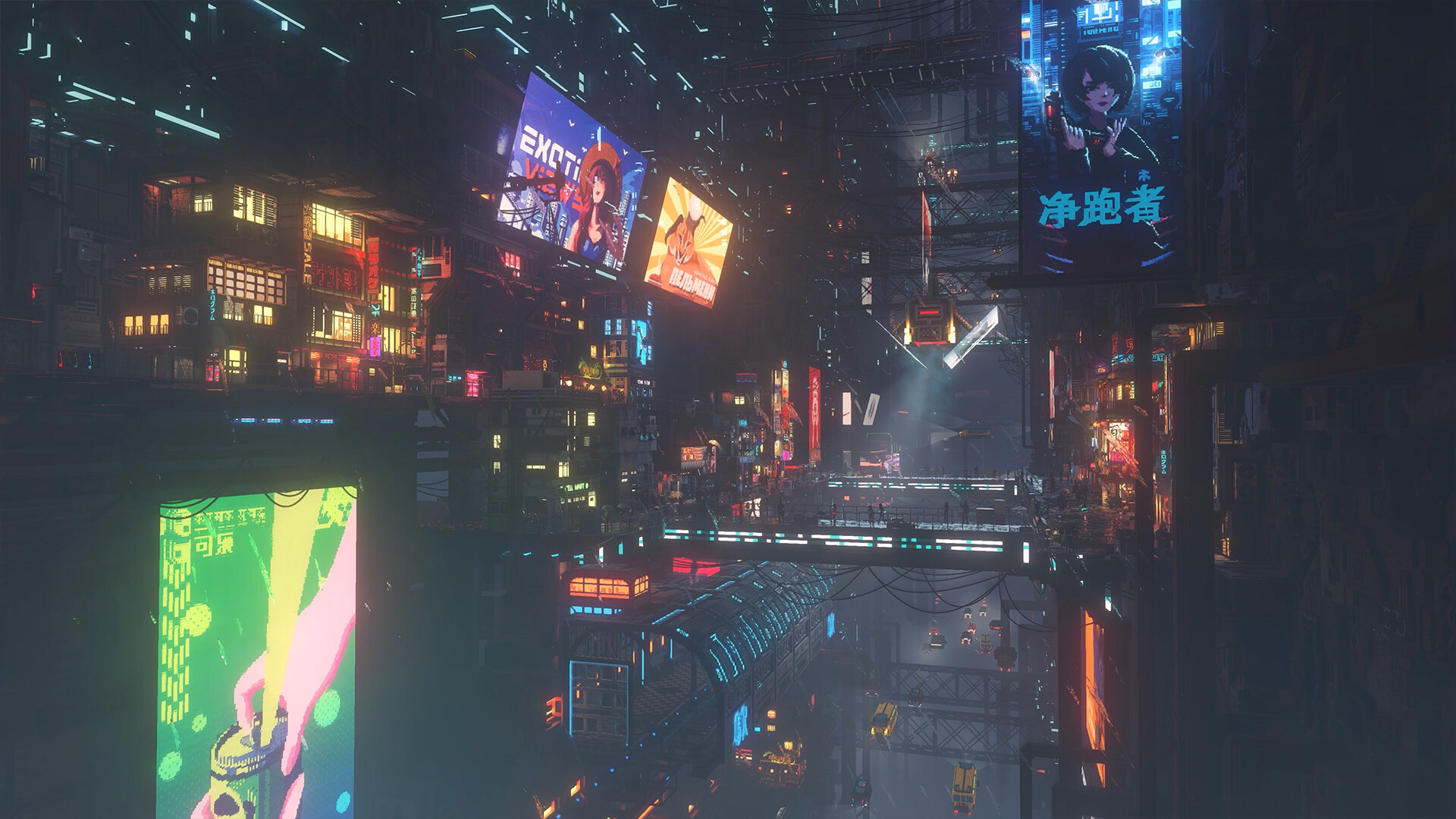 The dense vertical city of Nivalis illuminated by billboards at night