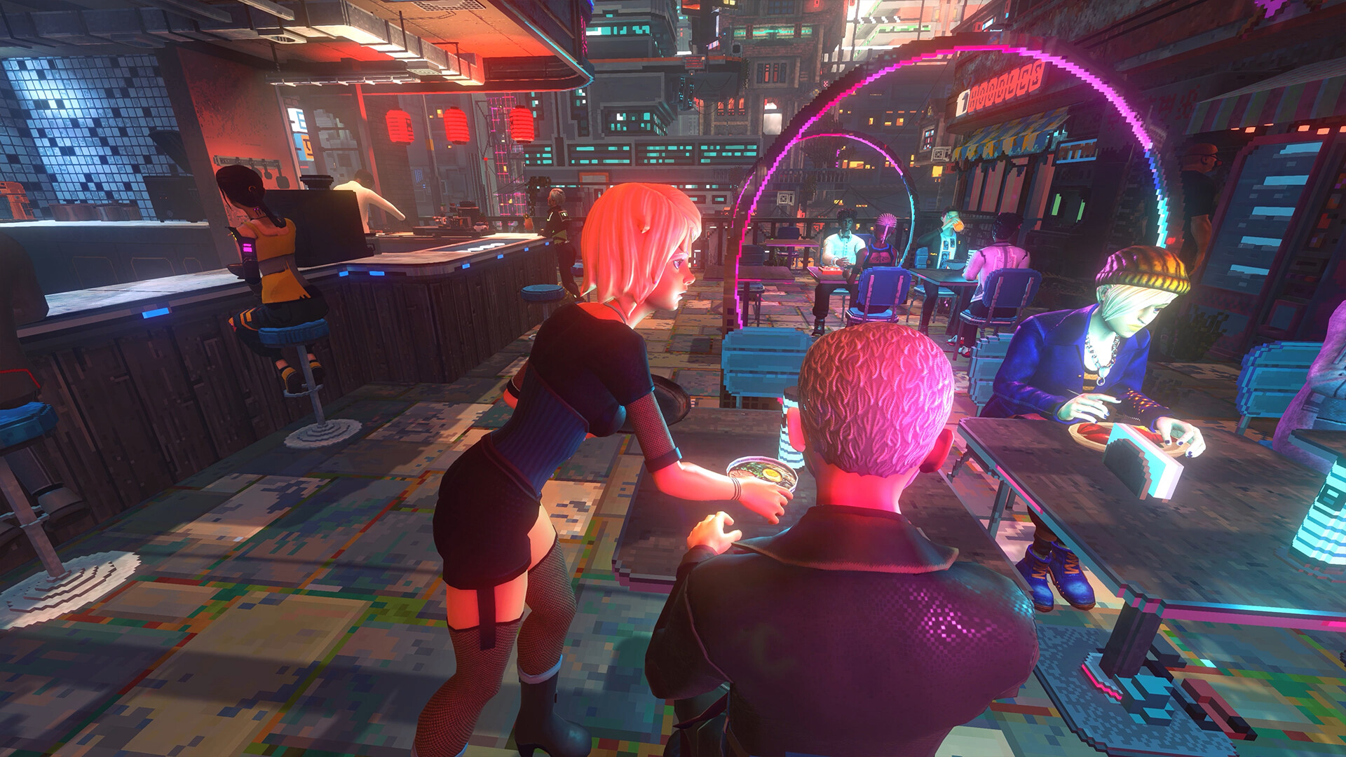 A server carrying food through a neon-lit restaurant