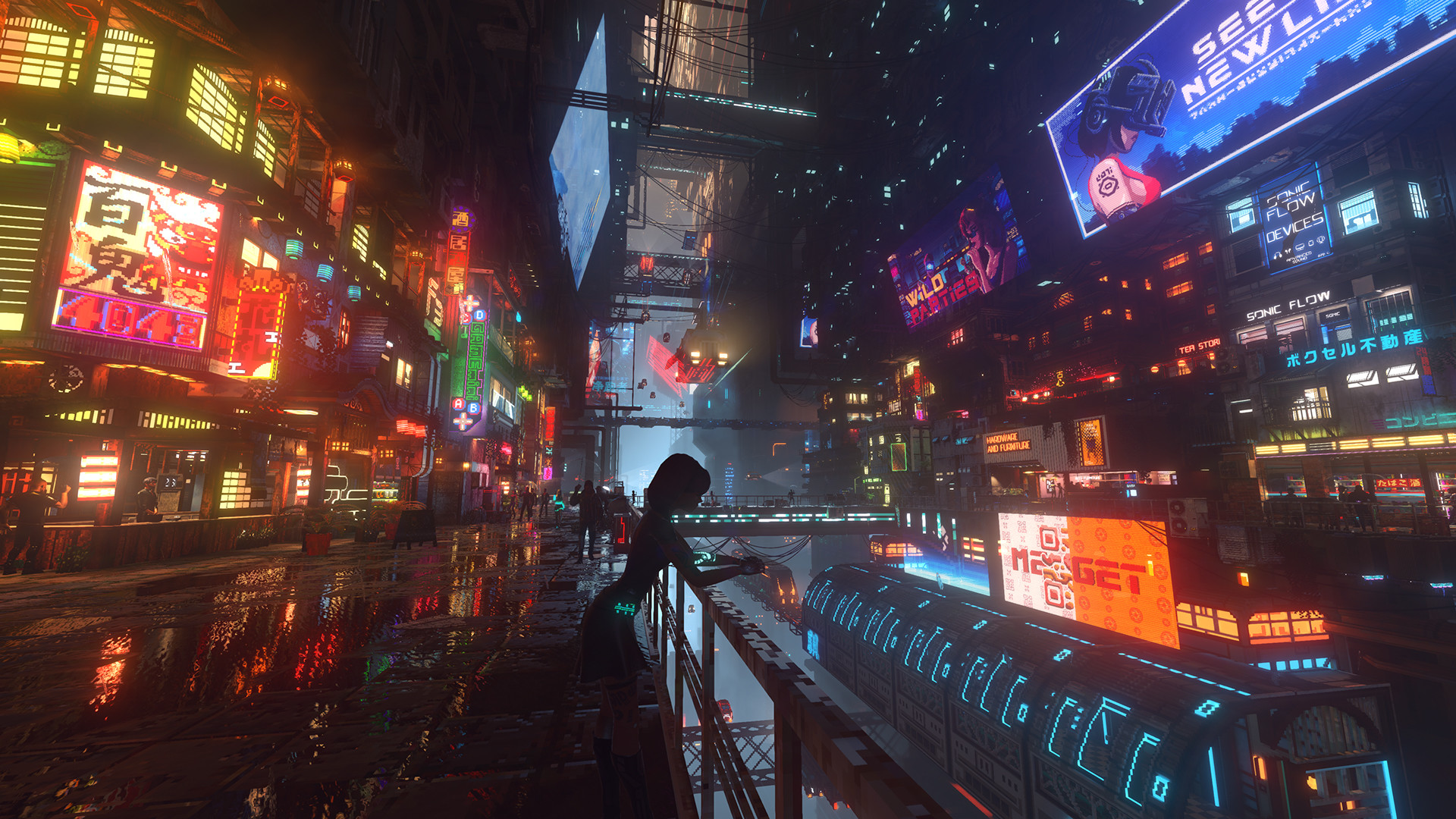 Rain reflecting neon light across a busy Nivalis street