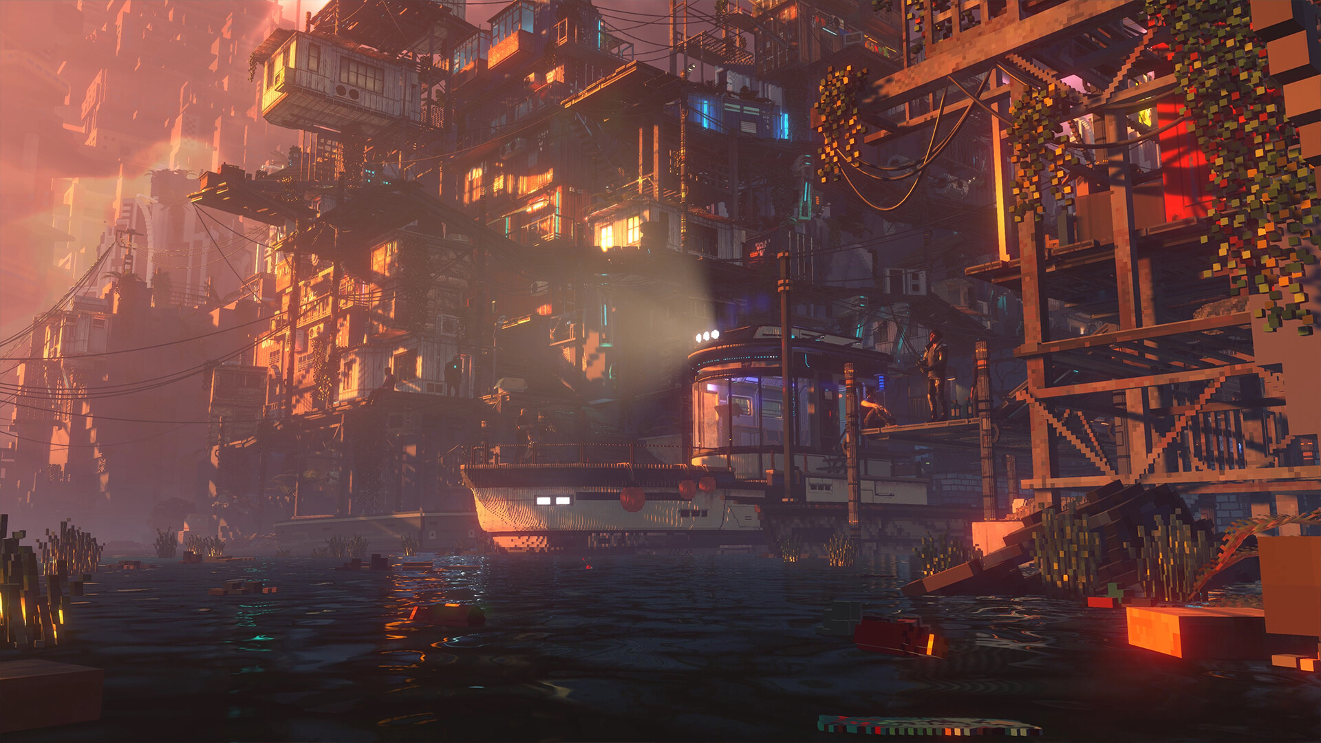 A boat travelling through a waterside district of Nivalis