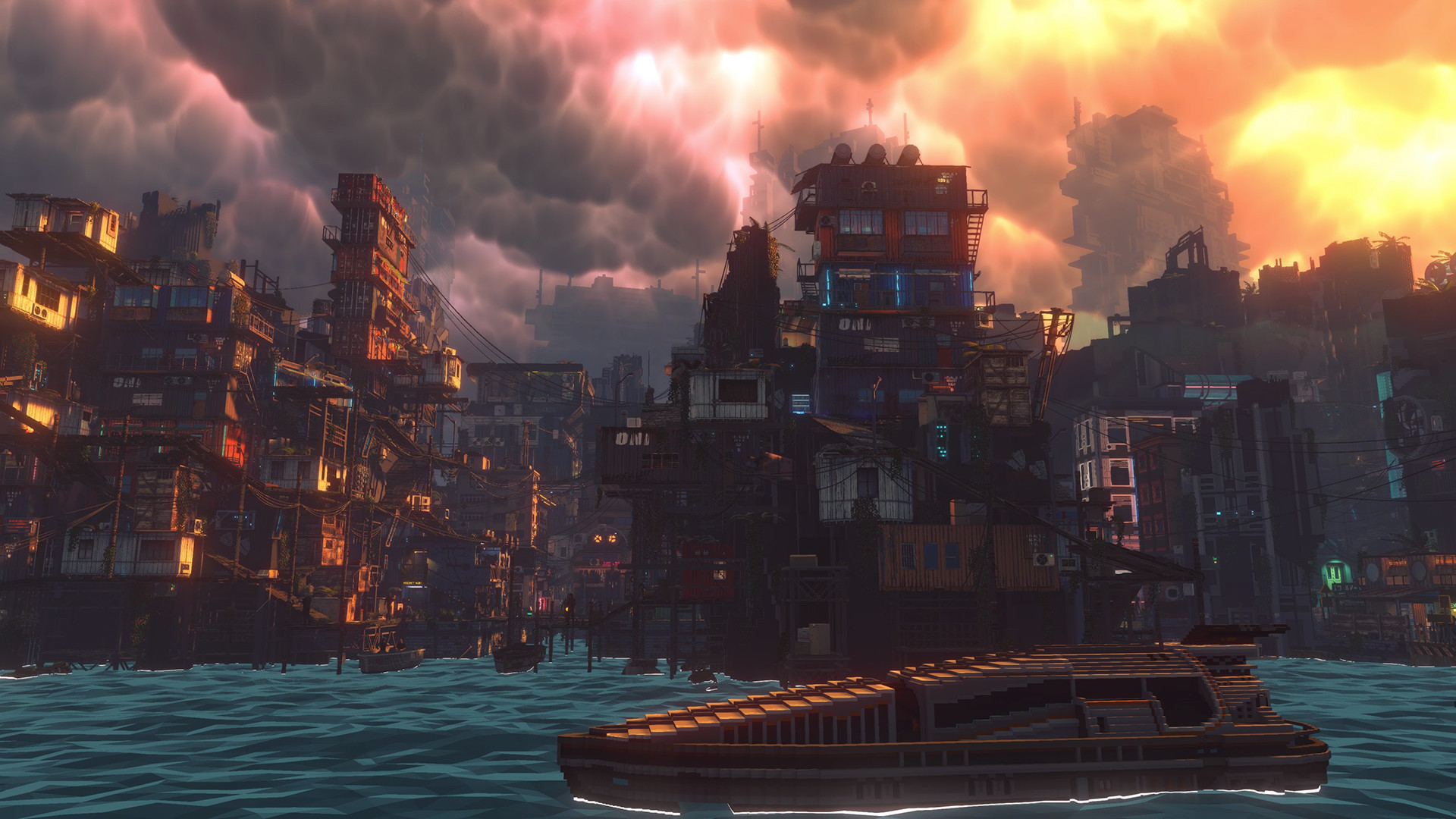 A boat crossing the water beneath the skyline of Nivalis