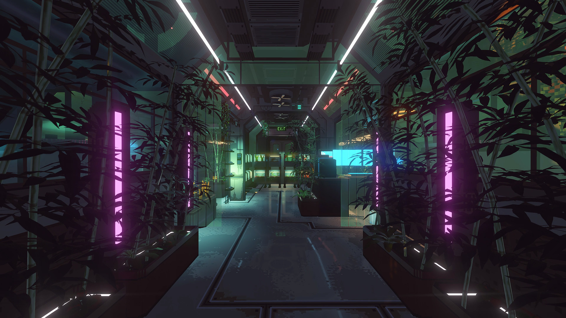 A futuristic indoor greenhouse filled with tall plants